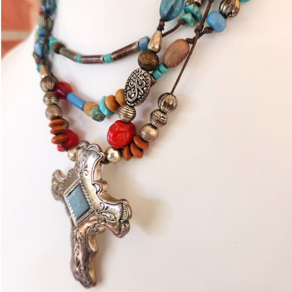 Bohemian Multi-Strand Beaded Cross Necklace Turquoise Southwestern Boho Chic - Picture 6 of 8